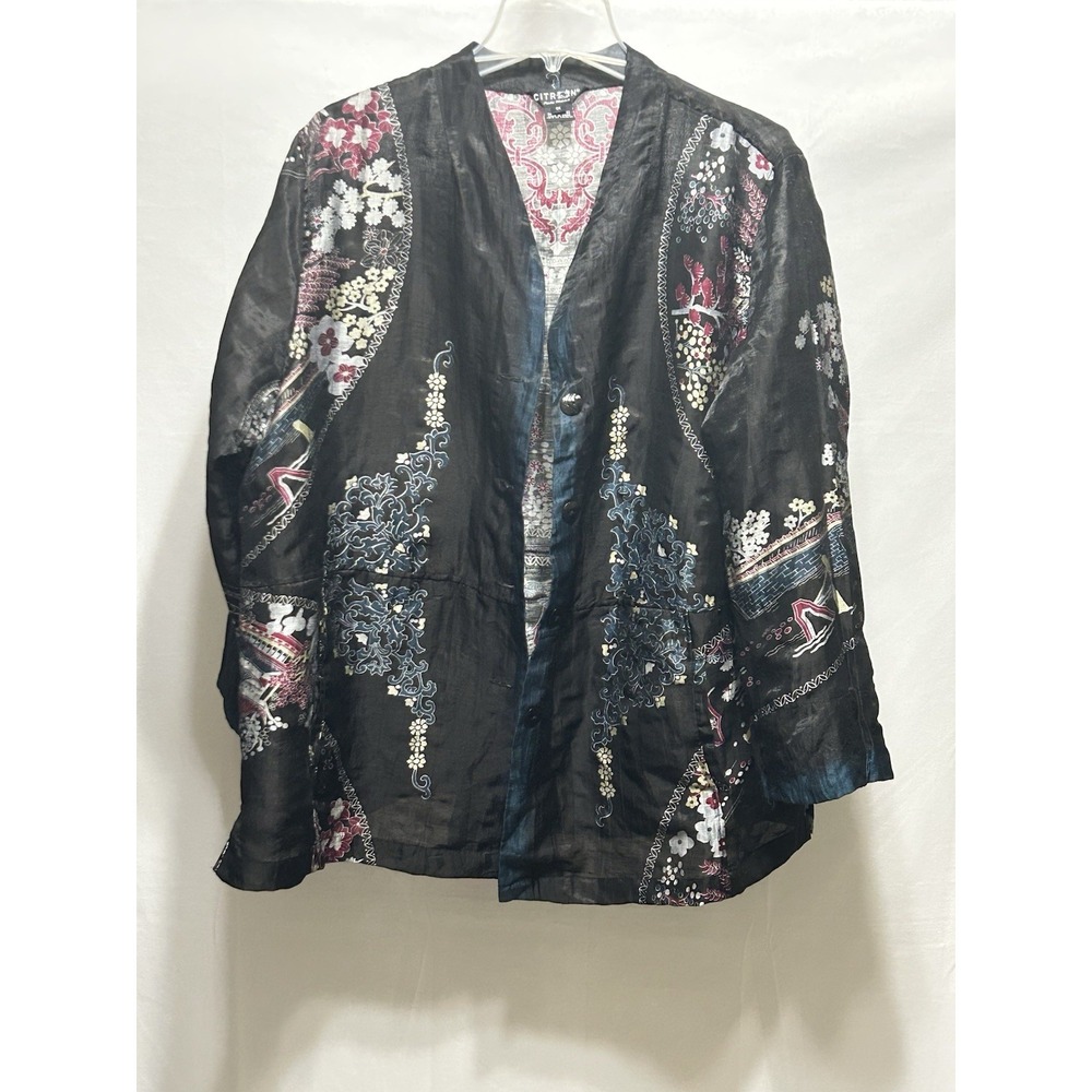 Citron Santa Monica Womens 1X Linen Black Floral Jacket